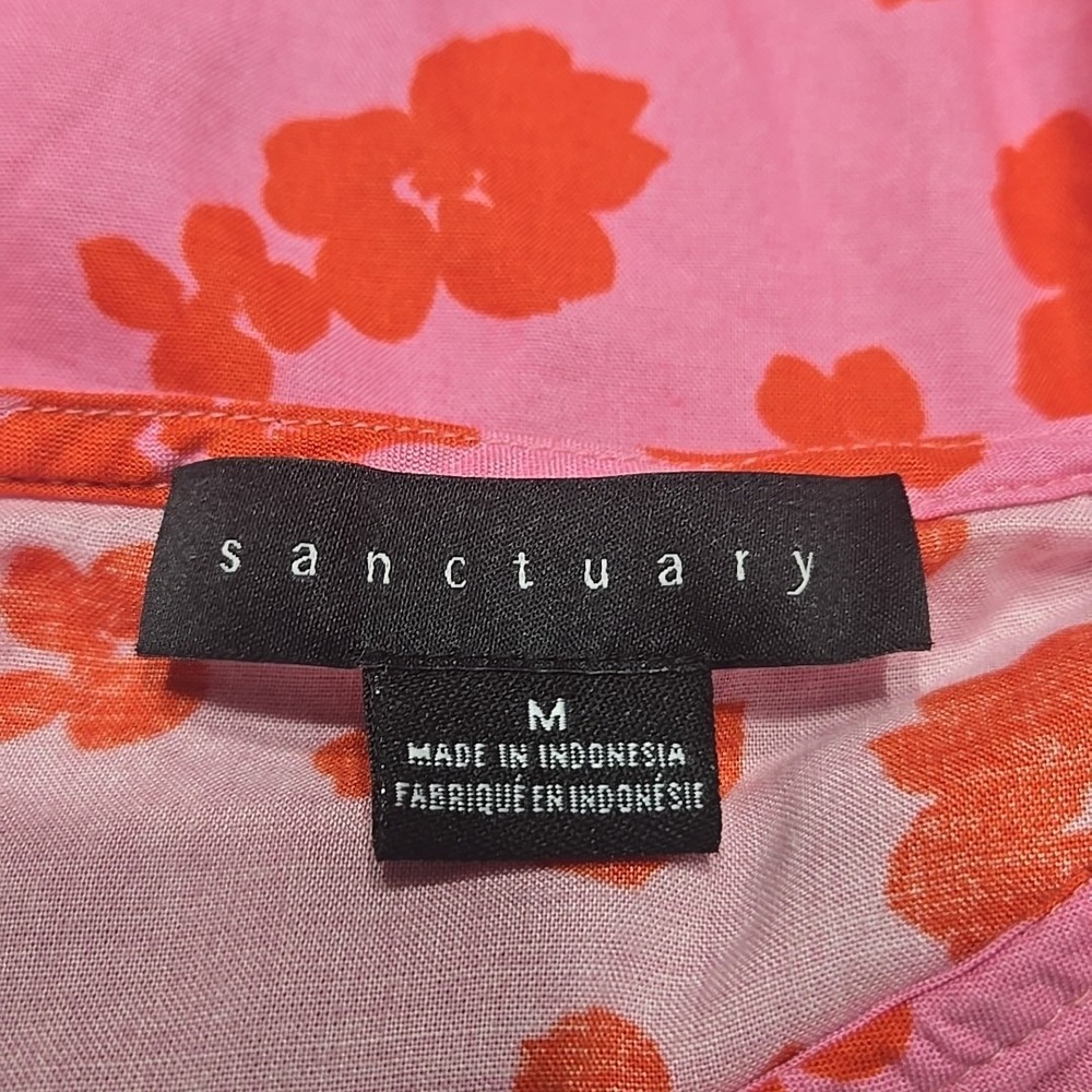 Sanctuary Pink Red Floral Crayon Poplin 3/4 Sleeve Button Front Crop Top Medium - Picture 6 of 7